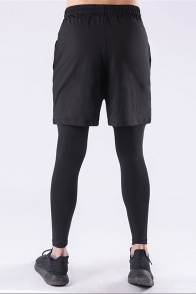 Sportswear Men's Pants Patchwork Fake Two-Piece Drawstring Waist Skinny Ankle Pants in Black
