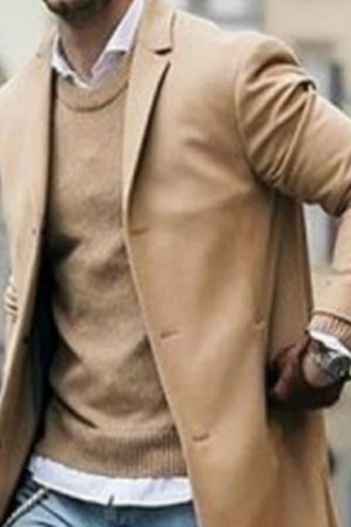 Street Look Guys Coat Solid Color Long Sleeve Notched Collar Single Breasted Relaxed Trench Coat