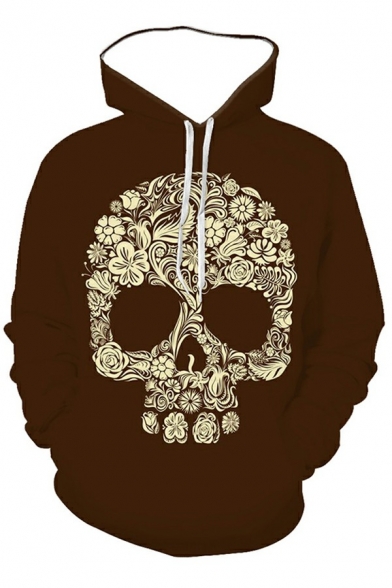 Street Style Mens Hoodie Skull Printed Long Sleeve Drawcord Loose Hoodie