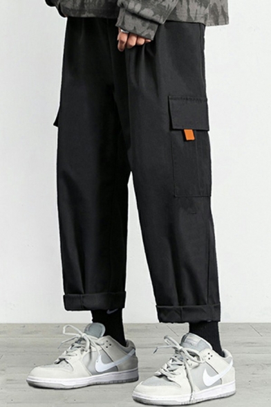 Street Style Pants Plain Flap Pockets Drawstring Waist Ankle Length Loose Cargo Pants for Men
