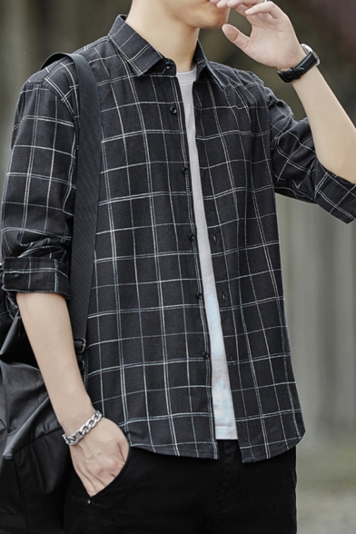 Stylish Shirt Plaid Pattern Long-Sleeved Point Collar Button Closure Loose Fit Shirt Top for Men