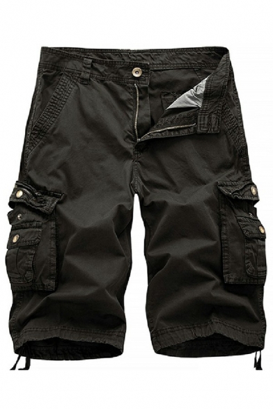 Stylish Shorts Pure Color Side Flap Pockets Zipper Fly Knee Length Cargo Shorts for Mens