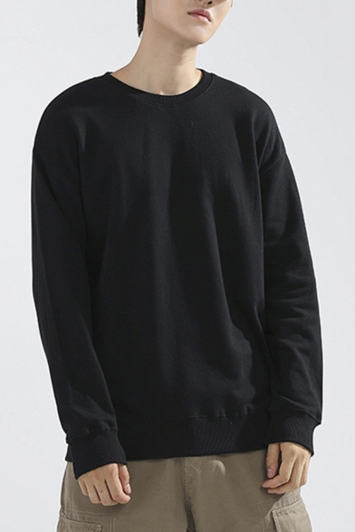 Trendy Sweatshirt Plain Round Collar Long-Sleeved Loose Pullover Sweatshirt for Men