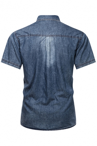 Vintage Mens Denim Shirt Chest Pocket Button Up Short Sleeve Fitted Lapel Shirt