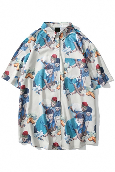 Vintage Shirt All over Cartoon Characters Printed Button Up Short Sleeve Loose Lapel Shirt for Men