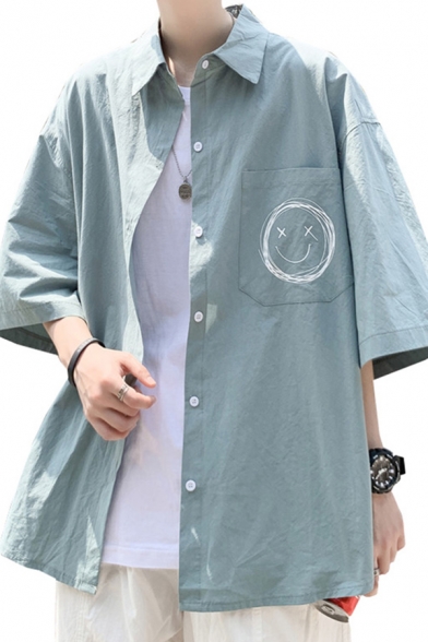 Boyish Shirt Smiley Patterned Button Closure Turn-down Collar Pocket Detailed Half Sleeves Fitted Shirt