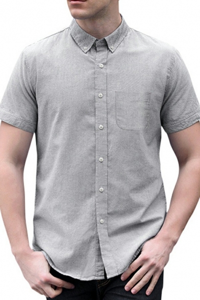 Casual Men's Button Shirt Solid Color Short Sleeves Turn-down Collar Slim Shirt