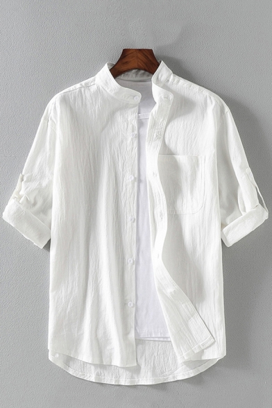 Casual Shirt Solid Color Chest Pocket Half Sleeve Stand Collar Button Simple Shirt Top for Men