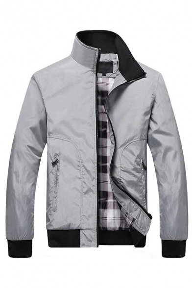 Chic Mens Jacket Solid Color Plaid-Lined Stand Collar Zipper Fly Long Sleeve Slim Jacket Coat