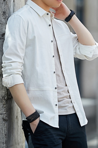 Chic Shirt Solid Color Front Pocket Long Sleeves Point Collar Relaxed Fit Button-down Shirt Top for Men