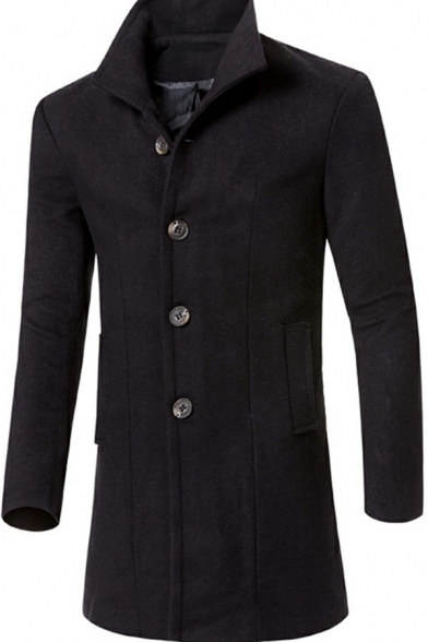 Elegant Mens Trench Coat Plain Single Breasted Long Sleeve Stand Collar Slim Trench Coat