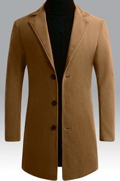 Elegant Mens Trench Coat Solid Color Long Sleeve Notched Collar Single Breasted Slim Fit Trench Coat