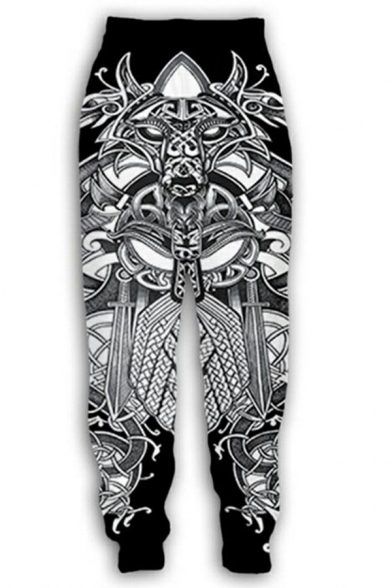 Fancy Drawstring Sweatpants Ethnic Style Printed Elastic Waist Mid Rise Long Loose Sweatpants for Men