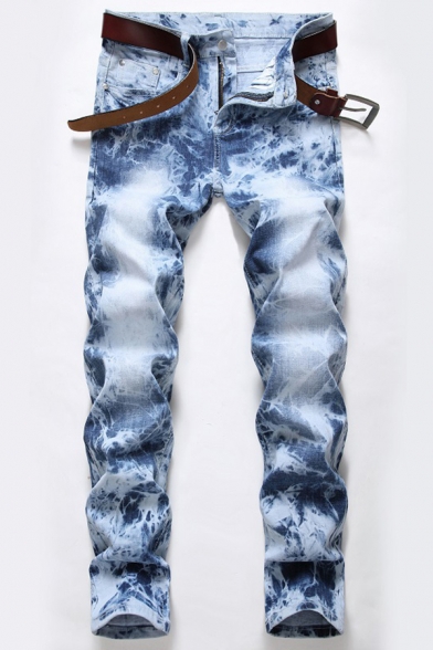 Fashionable Tie Dye Print Zip Fly Mid Waist Pocket Decorated Denim Jeans for Men