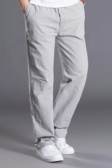 Leisure Pants Pure Color Zip-Fly Mid-Rise Full Length Straight Cargo Pants for Men