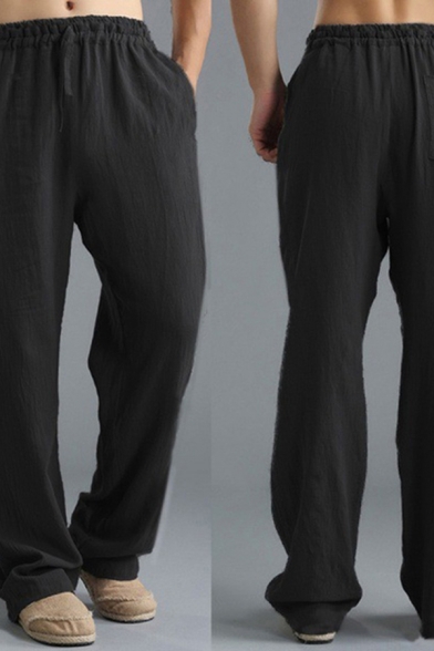 Leisure Pants Solid Color Drawstring Waist Long Length Wide-leg Pants for Men