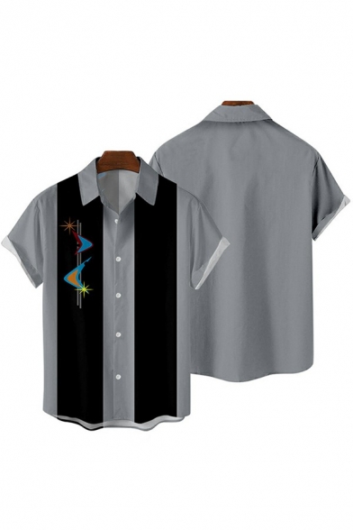 Men Boyish Shirt Cartoon Moon Printed Button Closure Lapel Collar Short-sleeved Relaxed Fit Shirt