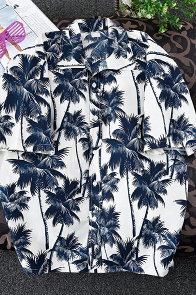 Men Casual Shirt Tropical Plant Print Lapel Collar Button-down Short Sleeves Relaxed Fit Shirt