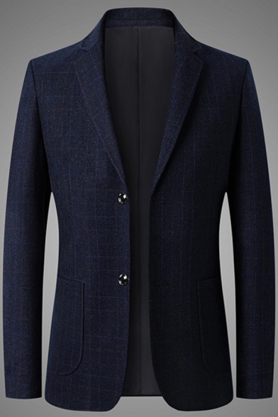 Men Chic Blazer Checked Printed Lapel Double Buttons Long Sleeve Slim Fit Blazer in Blue