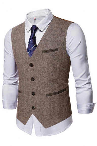 Men Elegant Vest Pure Color Single Breasted Sleeveless V Neck Slim Fit Vest in Coffee