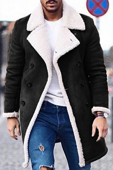 Men Fashionable Jacket Double Breasted Sherpa Liner Notched Collar Long Sleeve Mid-Length Leather Jacket