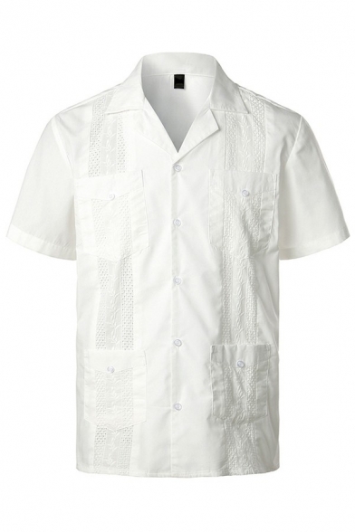 Men Leisure Shirt Solid Color Notch Collar Front Pocket Button Closure Short-sleeved Regular Shirt