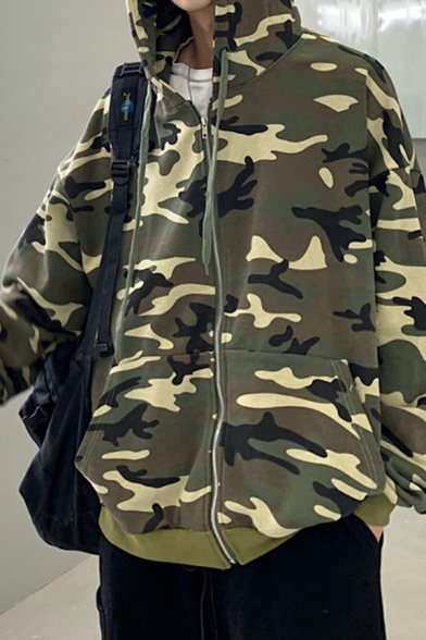 Men Popular Hoodie Camouflage Pattern Long-sleeved Zip-Fly Drawstring Loose Hooded Sweatshirt