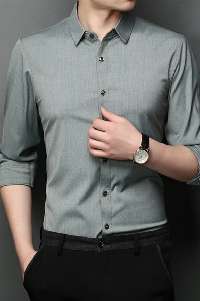 Men Urban Shirt Solid Color Turn-down Collar Button up Long-Sleeved Slim Fit Shirt