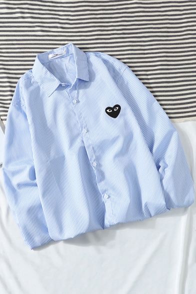 Men Urban Shirt Striped Printed Heart Embroidered Button-up Turn-down Collar Long-sleeved Regular Shirt