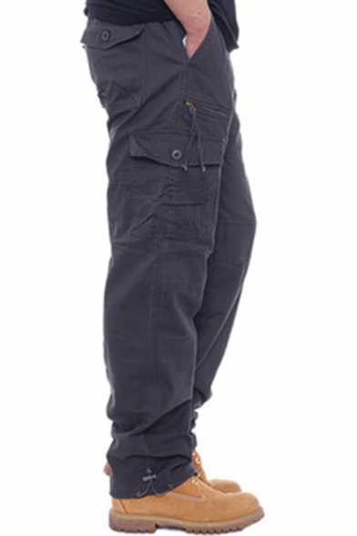 Men Vintage Cargo Pants Pure Color Zip Closure Mid-Rise Flap Pocket Loose Pants