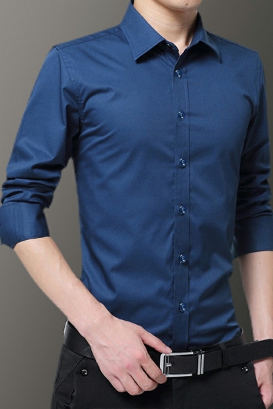 Mens Formal Shirt Solid Color Long Sleeve Turn-down Collar Button-up Slim Fitted Shirt Top