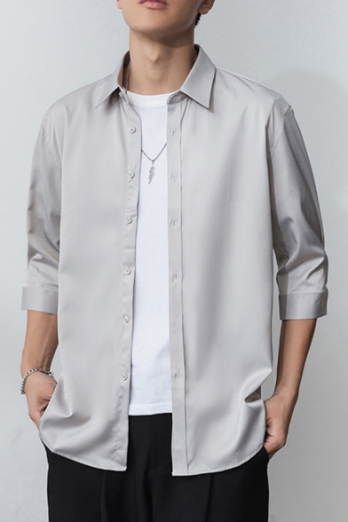 Mens Leisure Shirt Solid Color 3/4 Sleeve Turn Down Collar Button Up Regular Fit Shirt Top