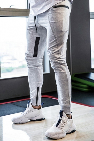 Modern Drawstring Sport Pants Stripe Print Zip Ankle Detail Skinny Track Pants for Men