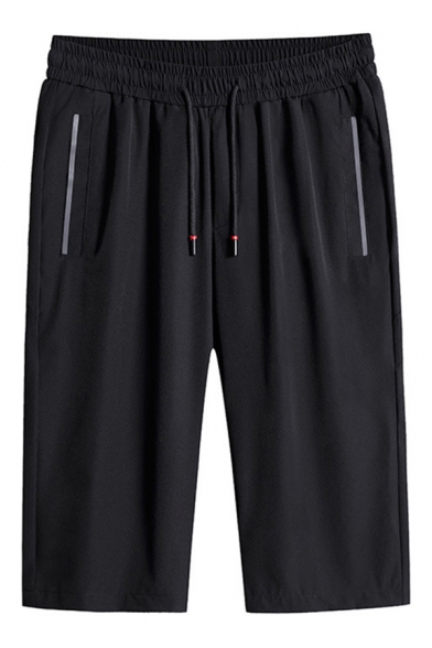 Modern Jogger Shorts Pure Color Zipped Pockets Drawstring Waist Knee Length Slim Shorts for Men