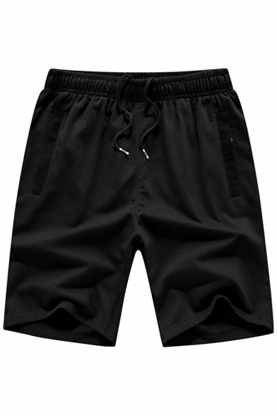 Simple Sweat Shorts Plain Diagonal Pockets Drawstring Waist over The Knee Length Regular Shorts for Men