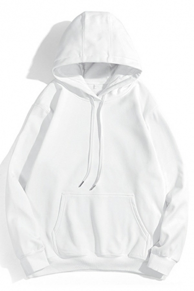 Sporty Mens Hoodie Plain Drawcord Detail Long-Sleeved Kanga Pocket Zipper Closure Loose Hoodie