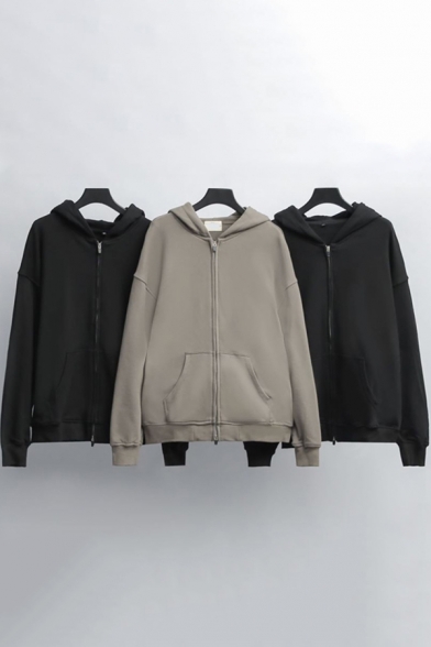 Street Look Hoodie Solid Color Front Pocket Zipper-down Long Sleeve Relaxed Hoodie for Men