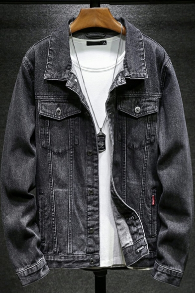 Street Look Mens Jacket Pure Color Pocket Detail Spread Collar Long-Sleeved Loose Denim Jacket