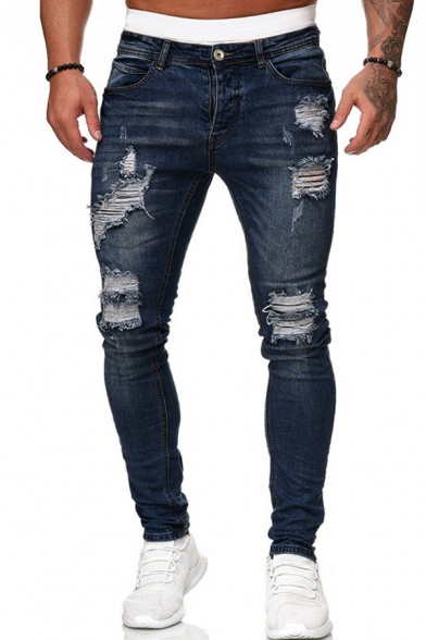 Street Style Jeans Solid Color Distressed Zip-Fly Stretch Denim Two-Pocket Styling Slim Jeans for Men