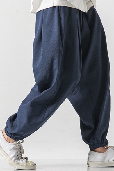 Stylish Harem Pants Plain Pocket Decorated Drawstrings Loose Pants for Men