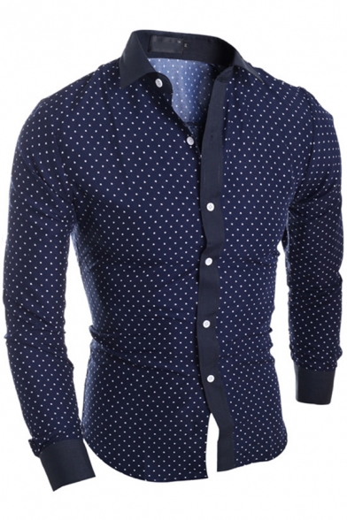 Stylish Shirt Polka Dot Printed Long Sleeve Turn Down Collar Button Up Fit Shirt for Men