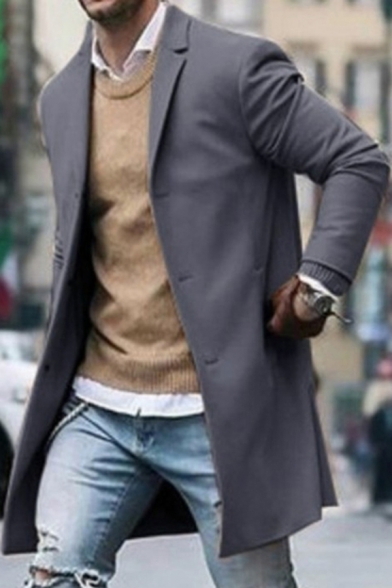 Stylish Trench Coat Plain Long Sleeves Lapel Single-Breasted Mid-Length Fitted Trench Coat for Men