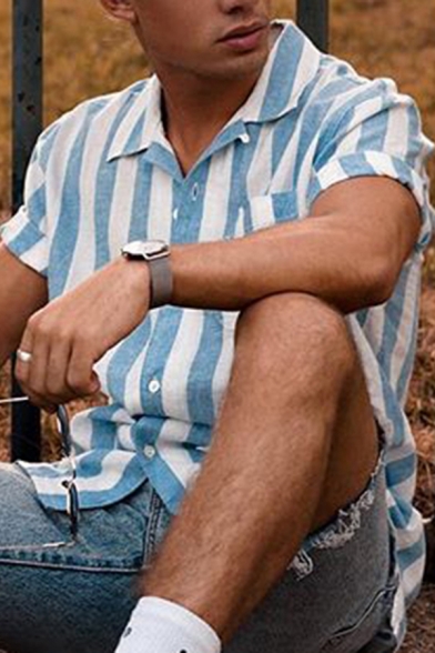 Trendy Mens Shirt Stripe Printed Spread Collar Short Sleeve Button Up Slim Shirt Top