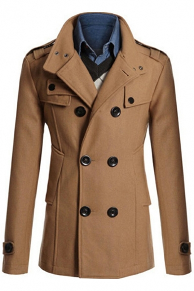 Trendy Mens Trench Coat Solid Color Double Breasted Long Sleeve Lapel Collar Regular Fitted Trench Coat
