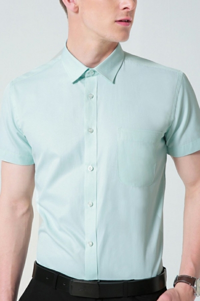 Urban Mens Shirt Plain Chest Pocket Short Sleeve Spread Collar Button Up Regular Fitted Shirt Top