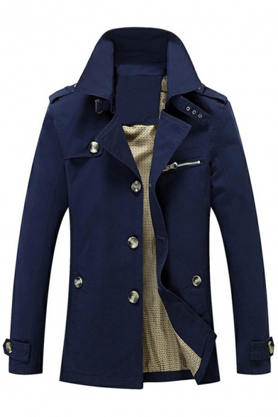 Urban Trench Coat for Men Solid Color Pockets Detail Notched Collar Long-Sleeved Slim Fitted Trench Coat