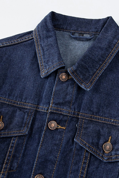 Vintage Men's Jacket Turn Down Collar Single-Breasted Flap Pockets Fitted Denim Jacket