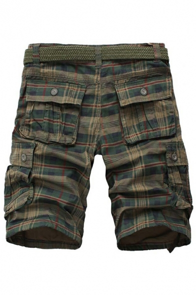 Vintage Shorts Plaid Printed Flap Pocket Zip-Fly Mid Rise Fitted Cargo Shorts for Men
