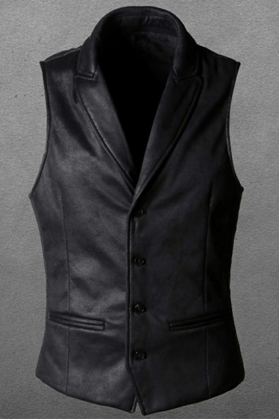 Vintage Suit Vest Button-Up Notched Collar Suede Solid Color Slim Fit Suit Vest for Men