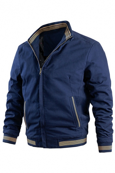 Basic Jacket Stripe Print Zipper Closure Pockets Detail Stand Collar Long-Sleeved Fit Jacket for Men